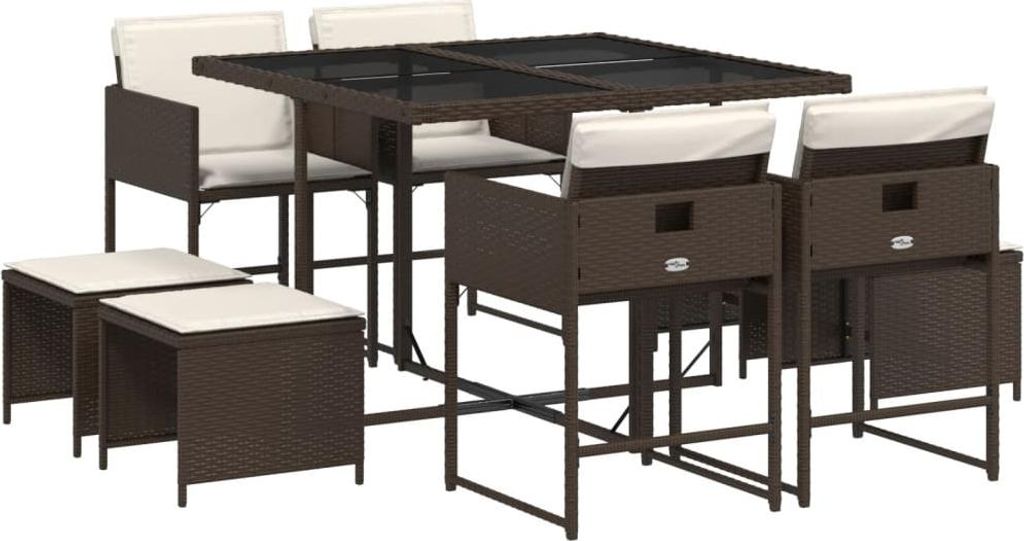 vidaXL 9-tlg. Garten-Essgruppe mit Kissen Braun Poly Rattan
