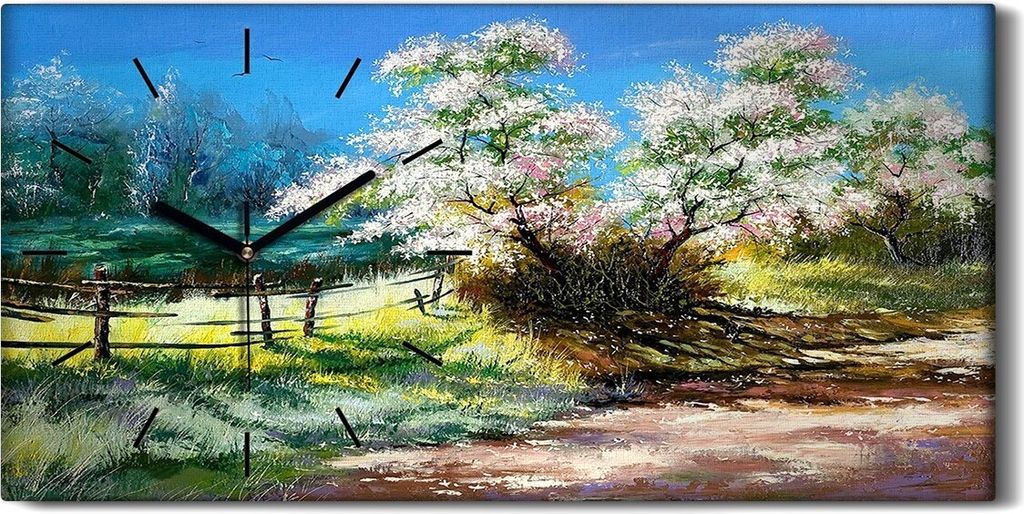 Dekor Leinwand Uhr Wandbilder Geräuschlos 60x30 Ölgemälde Bäume Blumen Natur - schwarze Hände