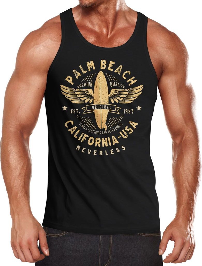 Herren Tank-Top Surfing Motiv Vintage Effekt Palm Beach California USA Schriftzug Fashion Streetstyle Muskelshirt Muscle Shirt Neverless schwarz M