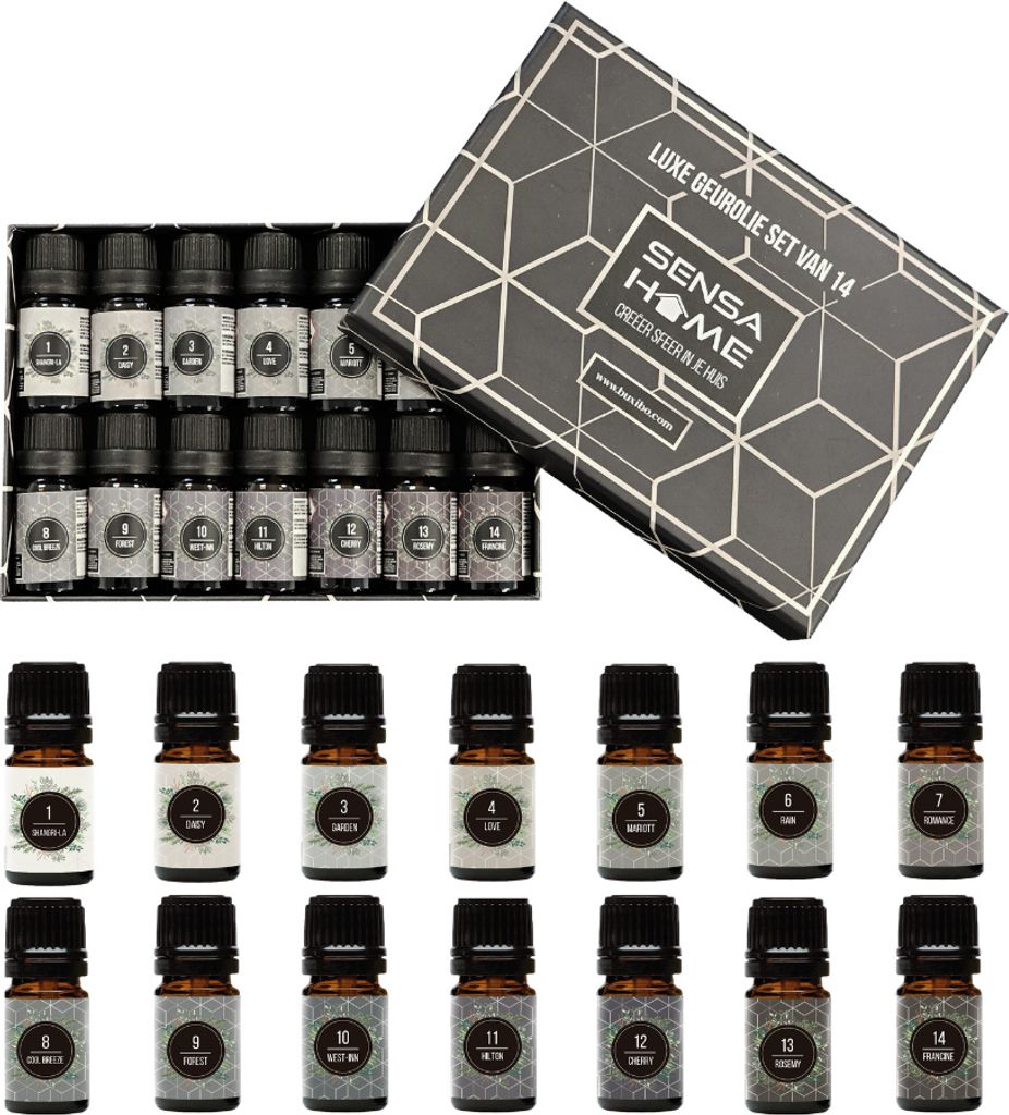 SensaHome Luxus-Duftöle-Set mit 14 Stück – Premium-Düfte für Luftbefeuchter, Aromadiffusor, Ölbrenner – Sortenbox und Geschenkset