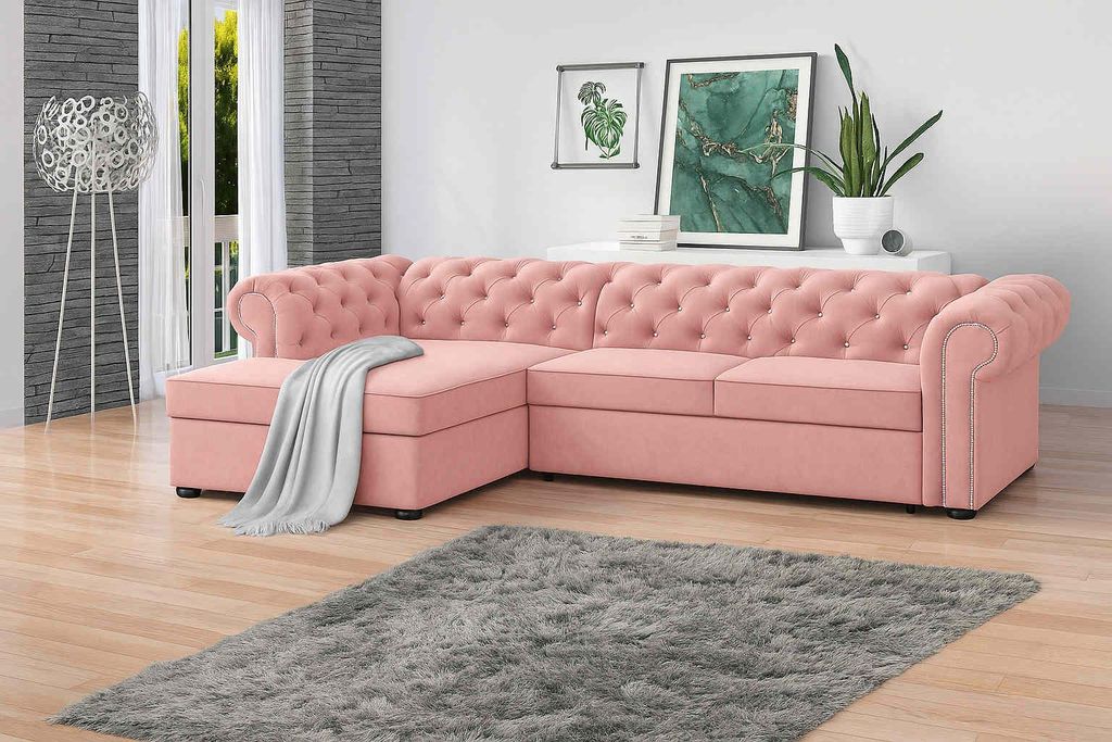 FURMEB 24 ECKSOFA mit Schlaffunktion SWAROVSKI linke Seite 280 x 180 cm ROSA
