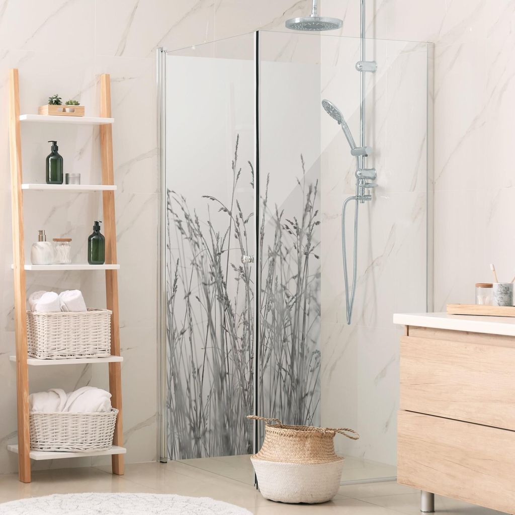 Duschrückwand mit Motiv selbstklebend - 0.35 mm Wandpaneel wasserfest Gräser beige Landhaus Badrückwand fugenlos Smart matt 110x190 cm