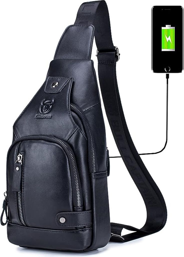 OKWISH Sling Bag Leder Schultertasche Brusttasche Umhängetasche Herren Bauchtasche Tasche Rucksack Daypacks Wasserresistent Schwarz