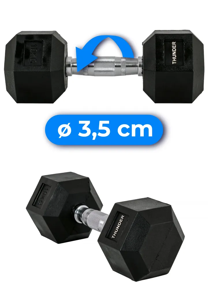 THUNDER® Haltère Hexagonal 10 kg en Acier et Caoutchouc Noir - Unité