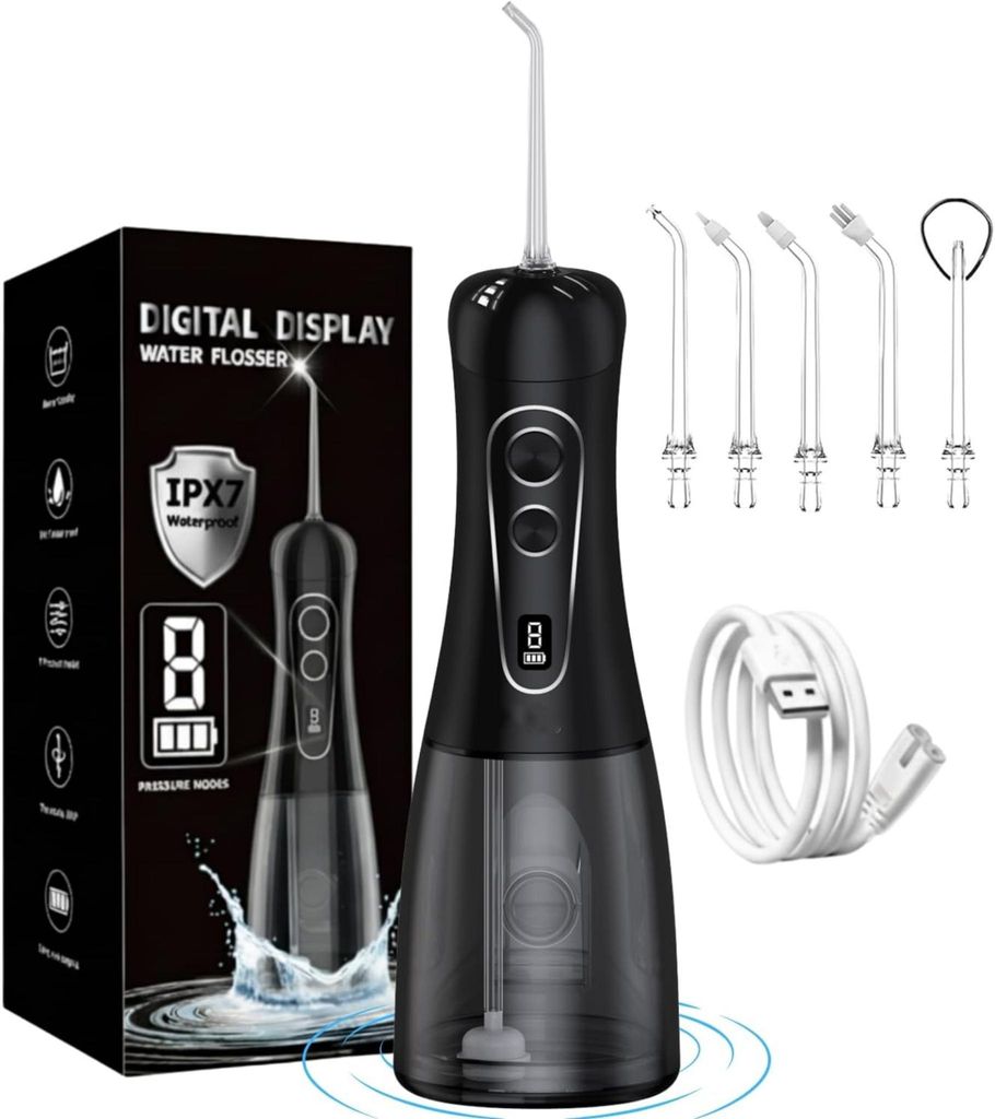 400ml Munddusche mit 8 Modi Digitaldisplay – IPX7 wasserdicht, inkl. 5 Aufsätzen für Zahnspange & Zungenreinigung, wireless & wiederaufladbar