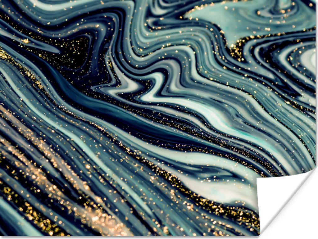 MuchoWow Poster Marmor - Gold - Blau - Glitter - Marmoroptik - Abstrakt 160x120 cm - Foto Plakat