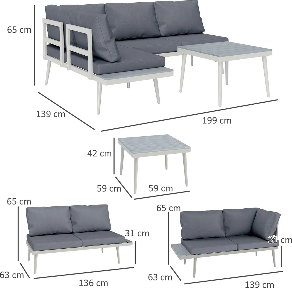 Outsunny Salon de Jardin d'Angle Modulable 3pcs - Gris, Canapé & Table - 5