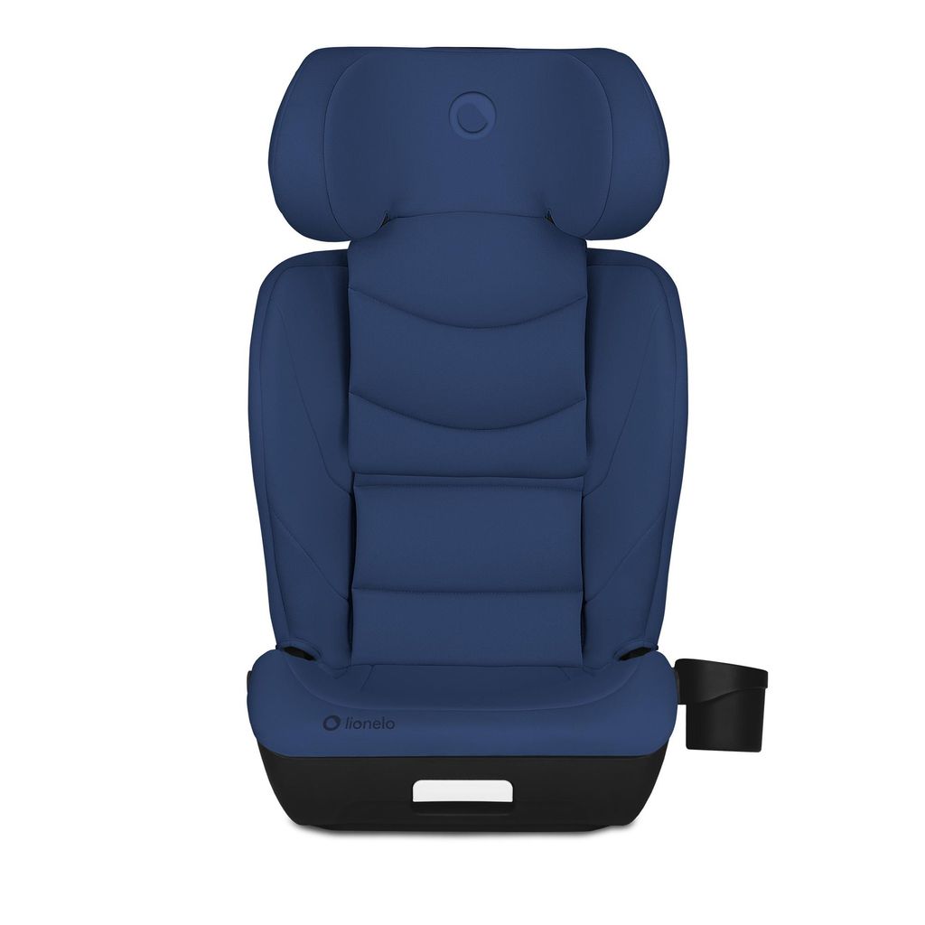 A blue car seat with a black base and a black cup holder on the side, shown from the front.