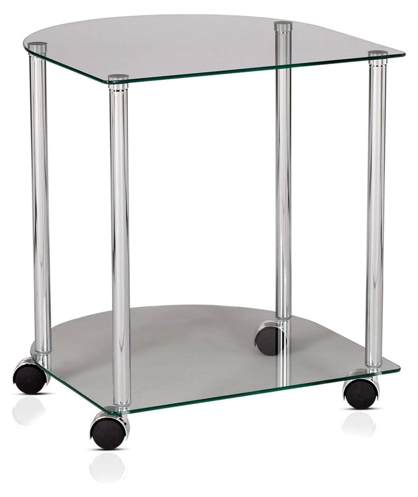 Halbrunder Beistelltisch aus Sicherheitsglas mit Ablagefach, Metallgestell in Silber-Chrom und Rollen, Sofatisch oder Nachttisch für Wohnzimmer od...