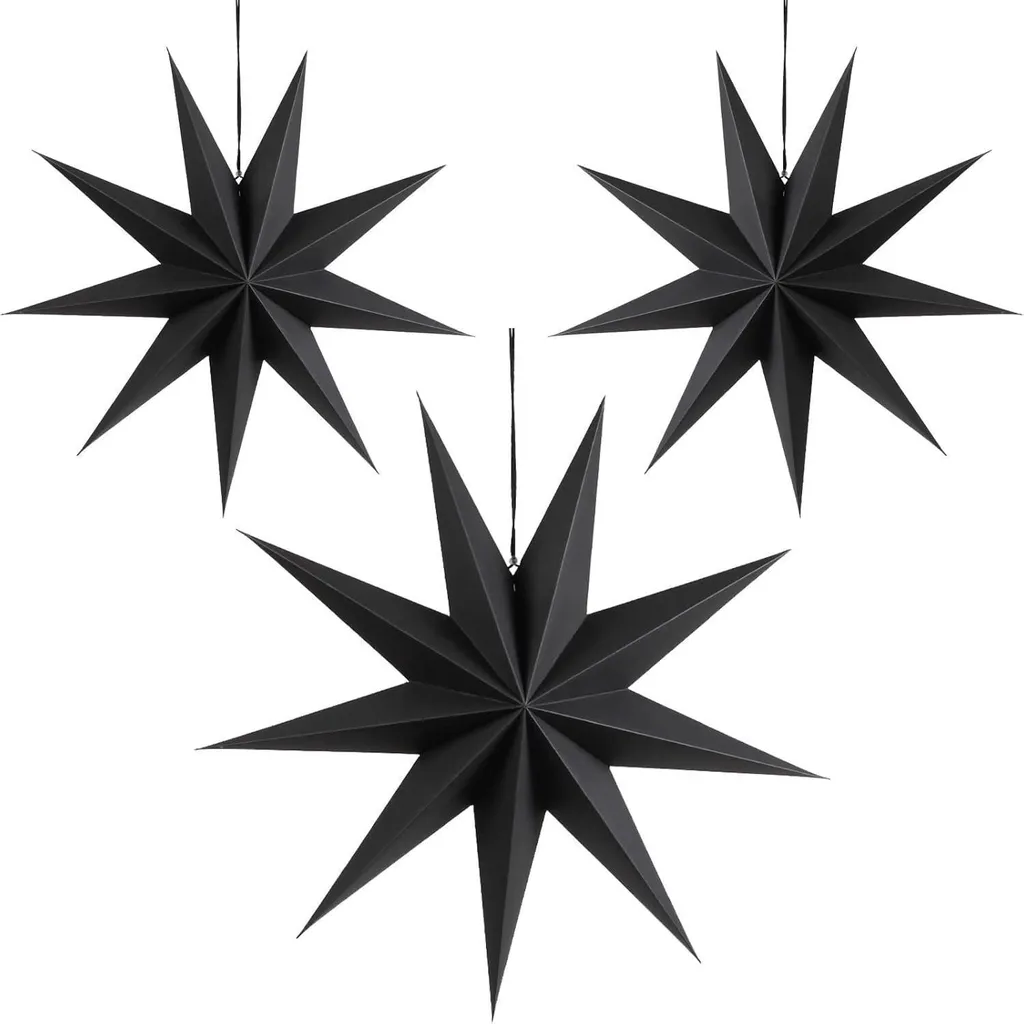 Étoiles en papier noir 30cm - Set de 3 décorations pour fête et mariage