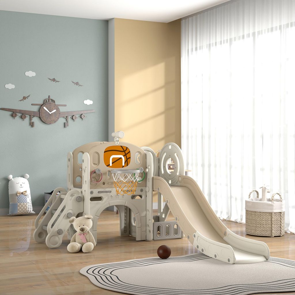 Kinder-Spielgerüst 7-in-1 Indoor mit Rutsche und Krabbeltunnel, Spielplatz HDPE, Cremeweiß | 186 x 153 x 111 cm | Stauraum | ab 1 Jahr