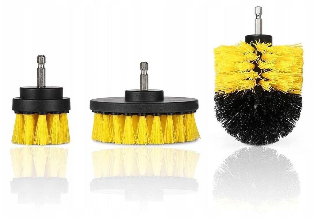 Three drill brush attachments of different sizes and shapes, displayed against a white background.