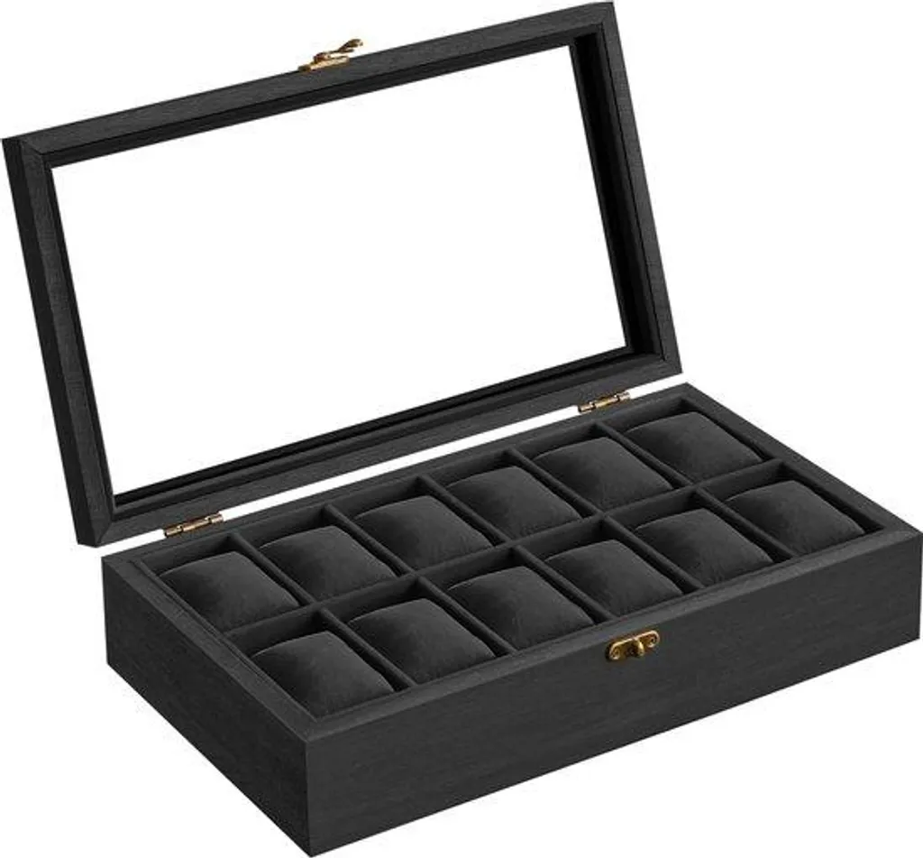 Écrin montres bois noir 12 slots avec vitre de protection transparente