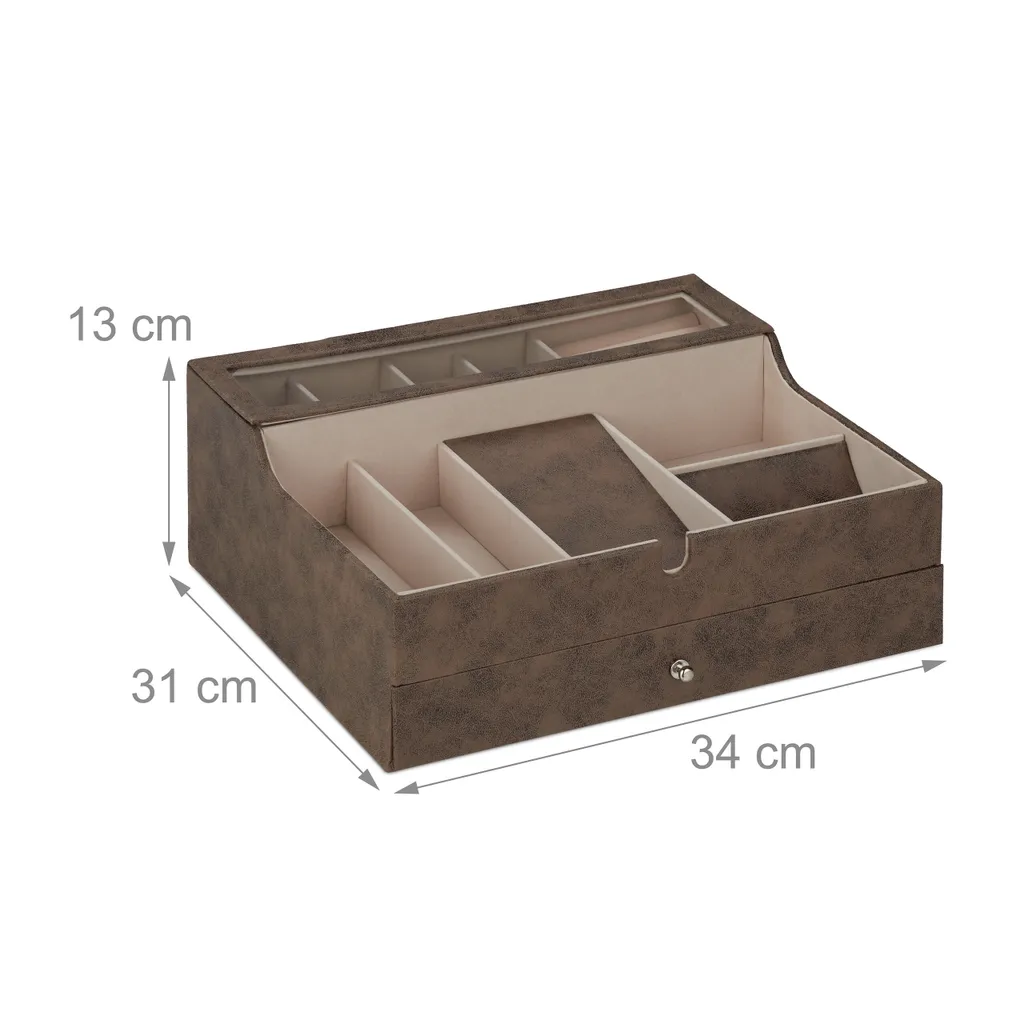Coffret à bijoux rectangulaire aspect cuir avec compartiments variés