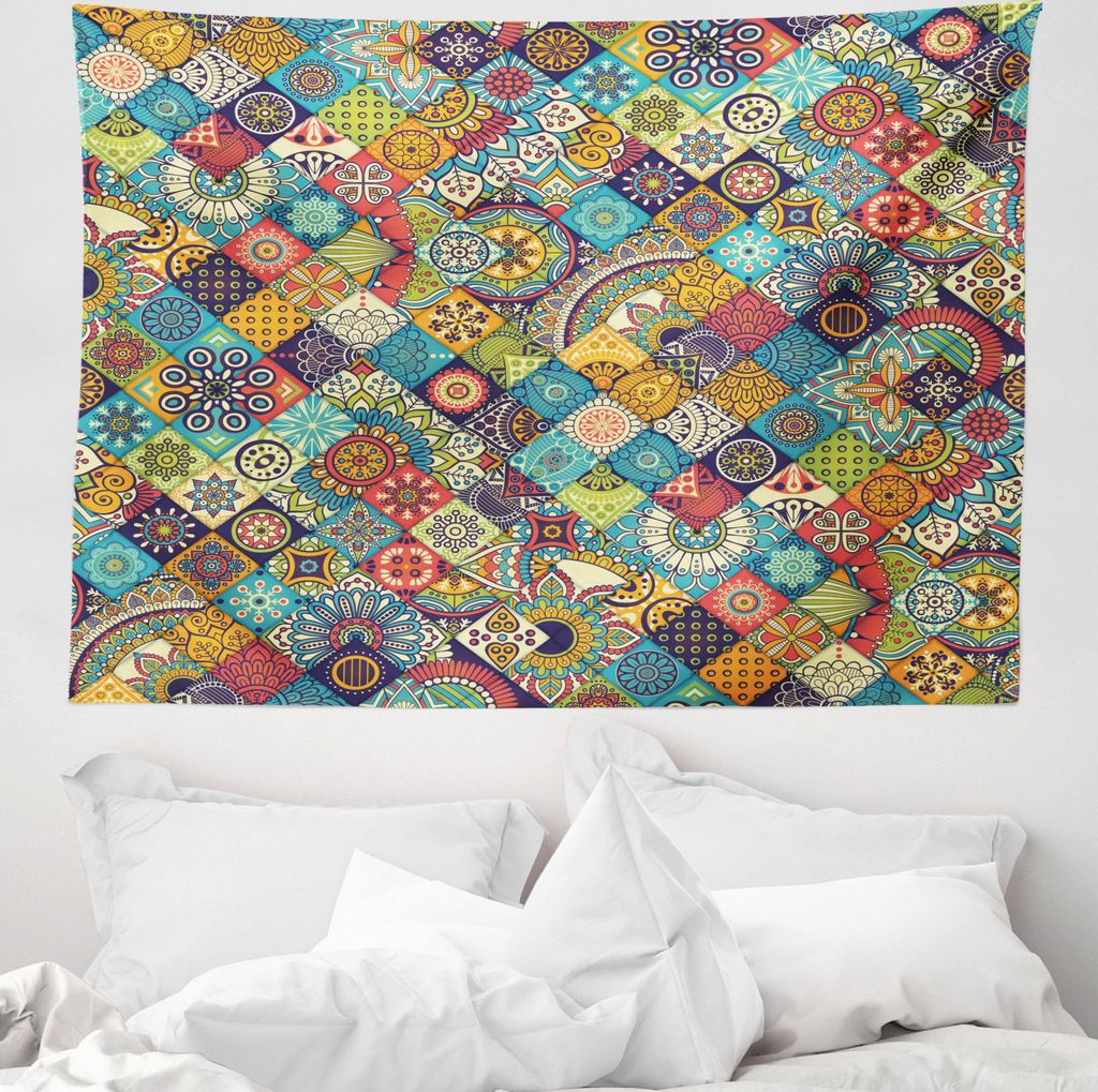 ABAKUHAUS Bohemien Wandteppich, Checkered Folk aus Weiches Mikrofaser Stoff Waschbar ohne Verblassen Digitaldruck, 150 x 110 cm, Mehrfarbig