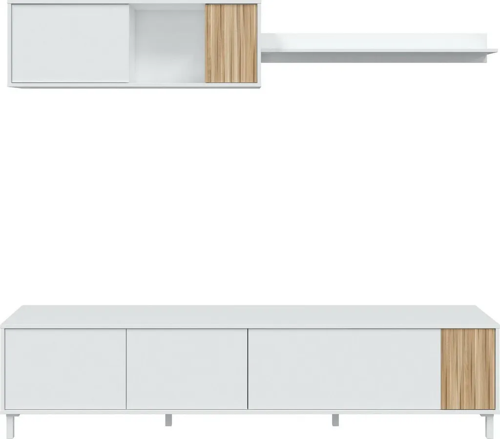 Grand Banc TV Blanc 200 cm Banari - Buffet Bas Salon 6 Compartiments
