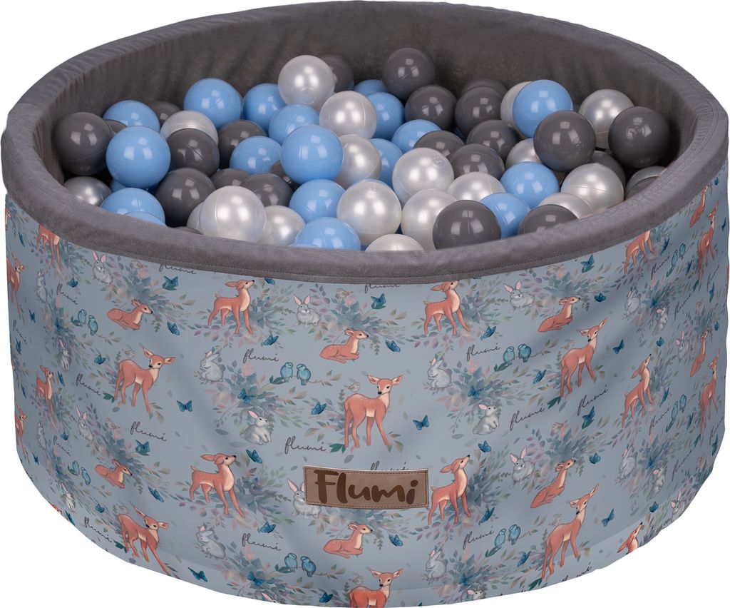 Flumi Bällebad Baby - Bällepool Kinder 90x40cm mit 200 Bällebad Bälle ∅ 7cm in EU hergestellt - Grau / Reh +Blaue Bälle