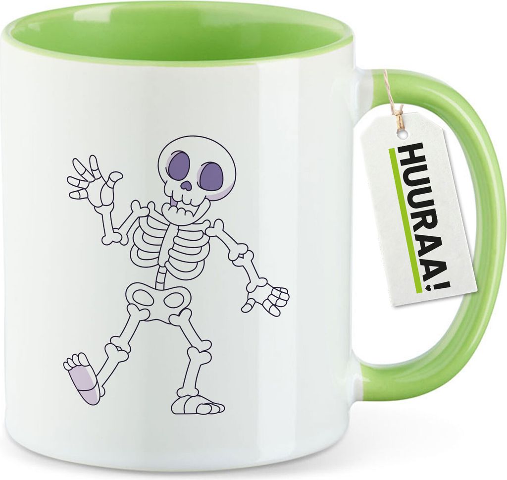 Huuraa Kaffeetasse winkendes Skelett Comic 330ml Grün Keramik Kaffeebecher Geschenkidee