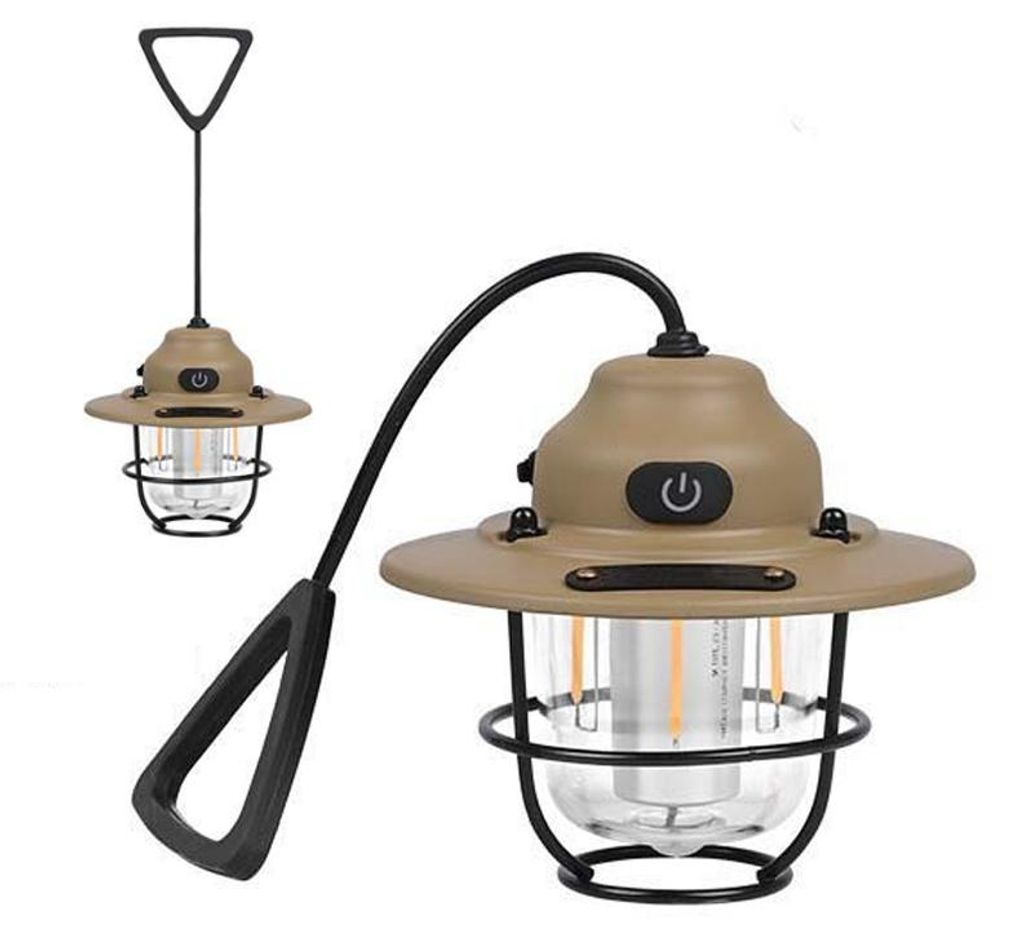 Retro Campinglampe, USB Aufladbare Zeltlampe, 4 Lichtmodi LED Campinglicht, IPX4 Wasserdichte Outdoor Lampe, Tragbare Notfallleuchte, Khaki