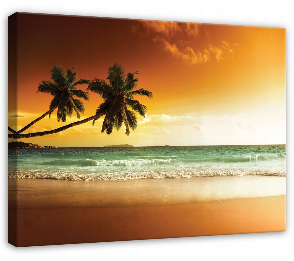 Leinwandbild Strand Palmen Landschaft - 100x70 cm - Wandbilder Wohnzimmer Schlafzimmer - Leinwand Leinwandbild Orange - PP14614O1