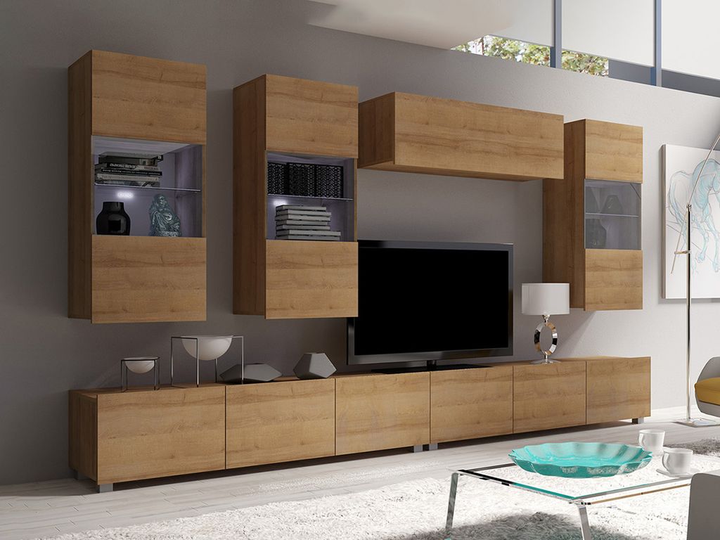 Wohnwand CALABRINI-5 Wohnzimmer-Set Hängewohnwand Schrankwand mit LED-Beleuchtung TV-Schrank Vitrine Moderne Anbauwand (Goldene Eiche)