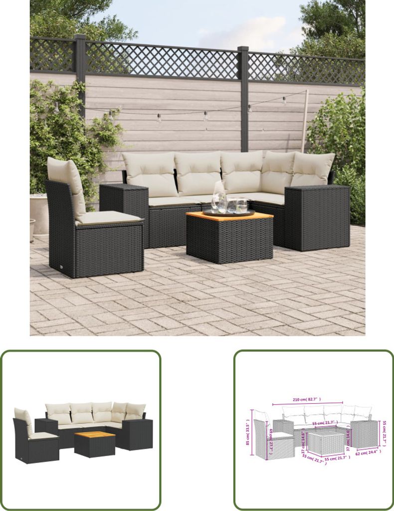 The Living Store 6-tlg. Garten-Sofagarnitur mit Kissen Schwarz Poly Rattan