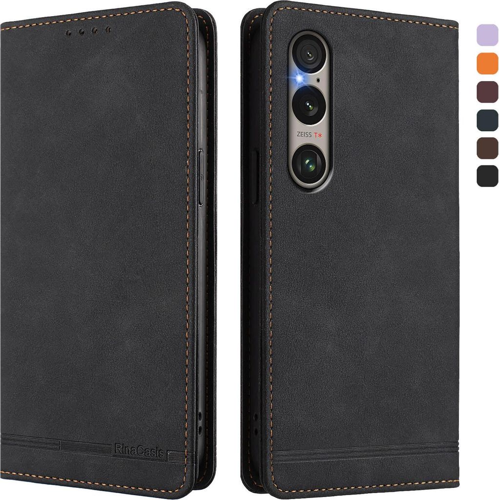 Hülle für Sony Xperia 1 VI, Retro Kunstleder Ständer Klapphülle mit Kartenfächer und Magnetische Schwarz