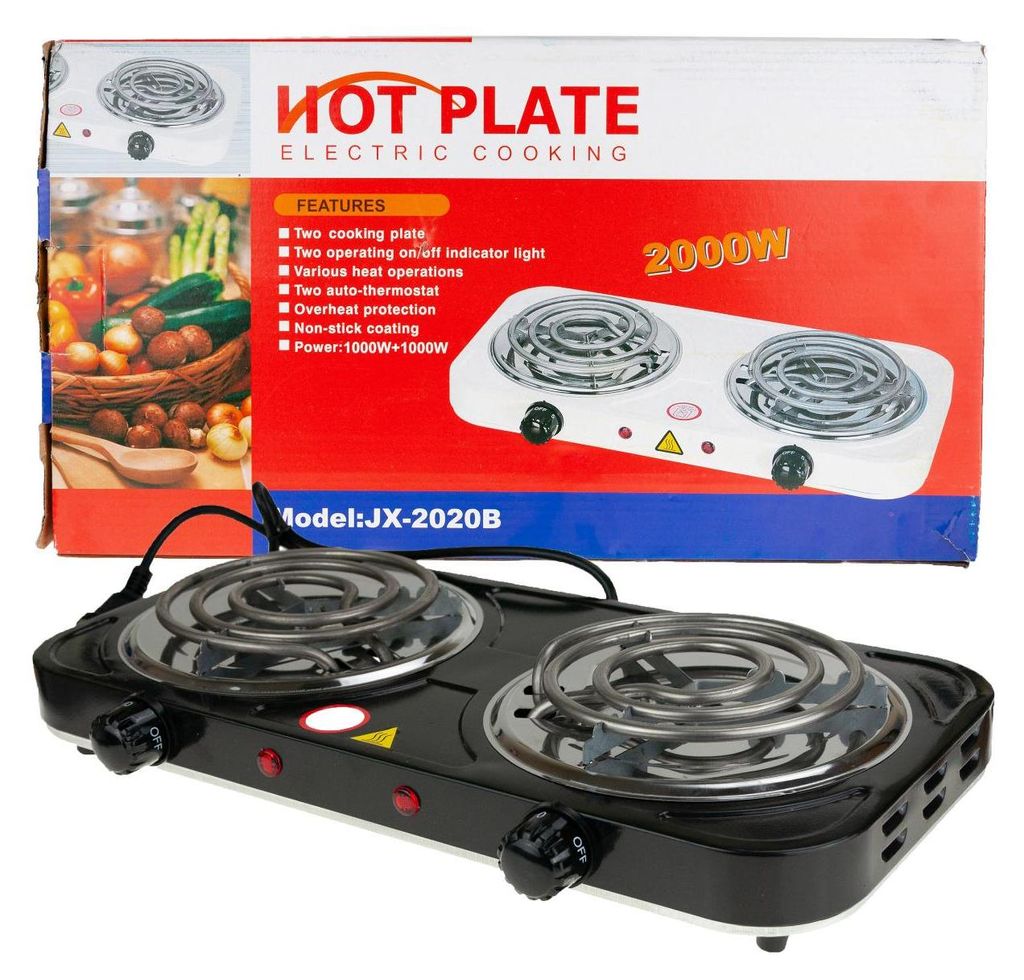 The image shows the packaging and the product itself, a double electric hot plate.