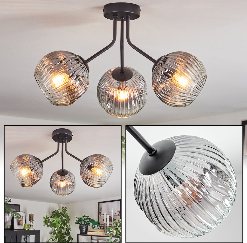 Villamare Deckenlampe aus Metall/Riffelglas in Schwarz/Rauchfarben/Klar