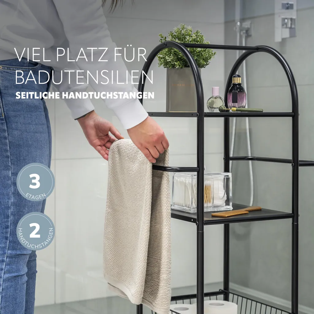Étagère Salle de Bain 3 Étages en Métal Noir Mat, Solution Pose Libre 2en1