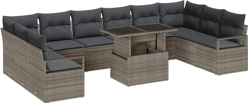Gartensofa-set mit Kissen mit Speicher 11 pcs Grau Poly-Rattan