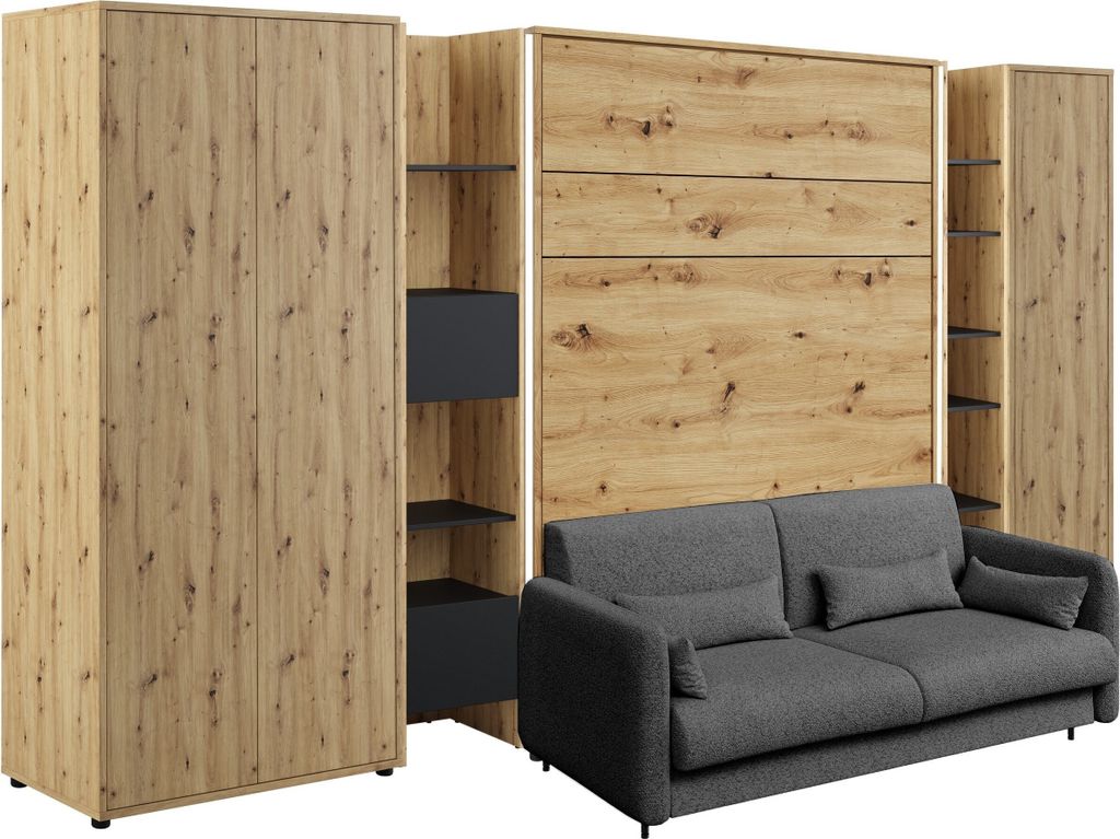Schrankbett mit sofa Bed Concept 140x200 cm Lenart Led Beleuchtung Taschenfederkernmatratze Bett im Schrank Klapbett Artisan Eiche/Graphite