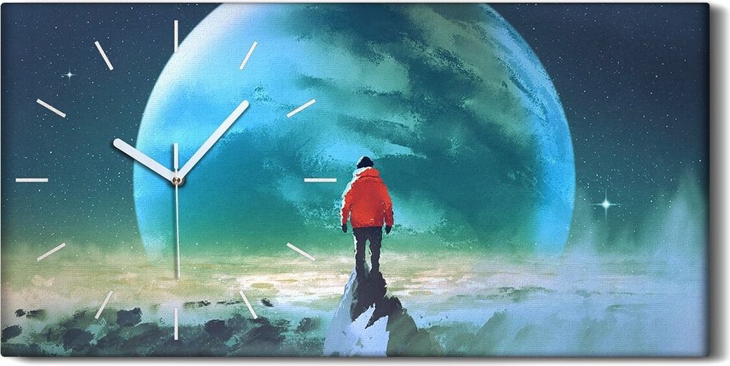 Wanduhr Leinwand Bild Uhr Quarz 60x30 Mann auf dem Berg und anderer Planet - weiße Hände