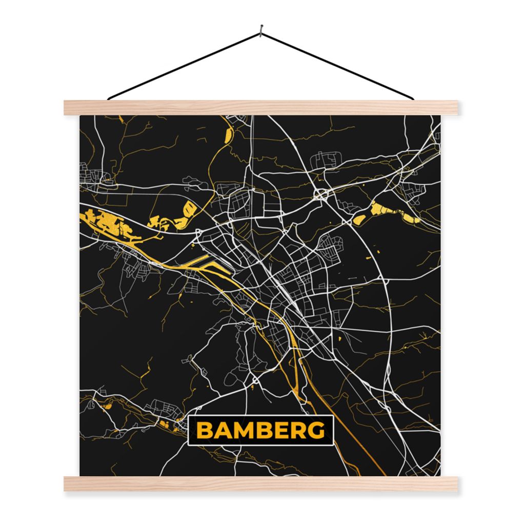 MuchoWow Textilposter Bamberg - Stadtplan - Karte - Gold - Deutschland 120x120 cm mit holzfarbenen Rahmen - Textil-Poster