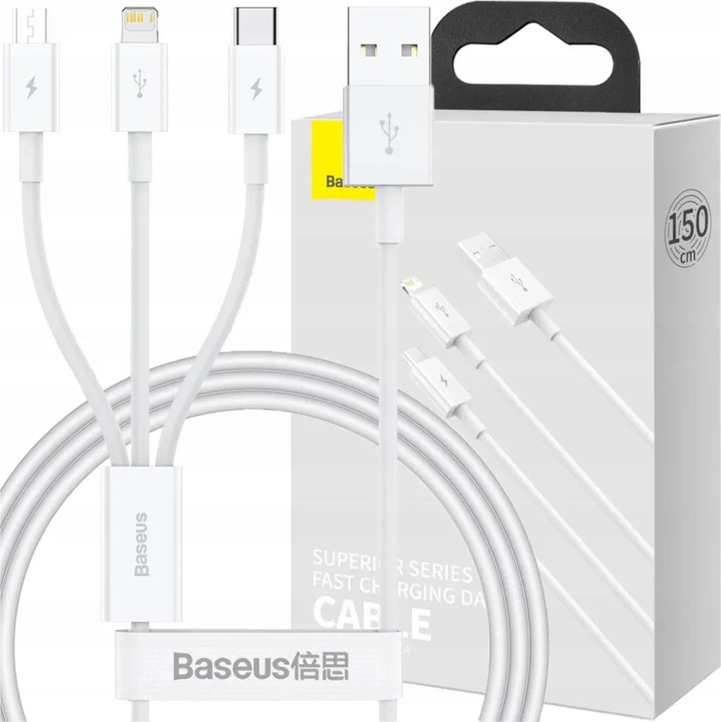 Baseus Cavo 3 in 1 USB a Lightning Micro USB e Type-C 3.5A 1M Bianco - 1
