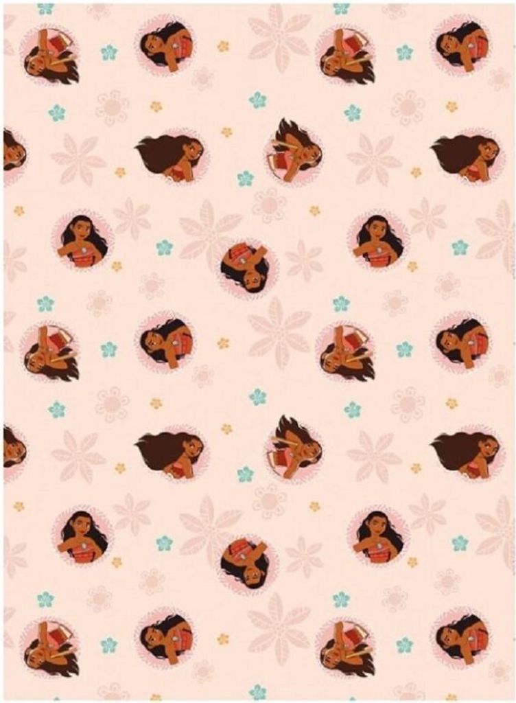 A repeating pattern of cartoon characters and flowers on a light pink background.