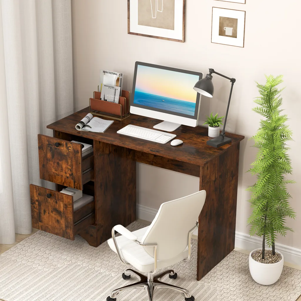 Bureau Moderne 109cm avec 2 Tiroirs de Rangement Style Industriel