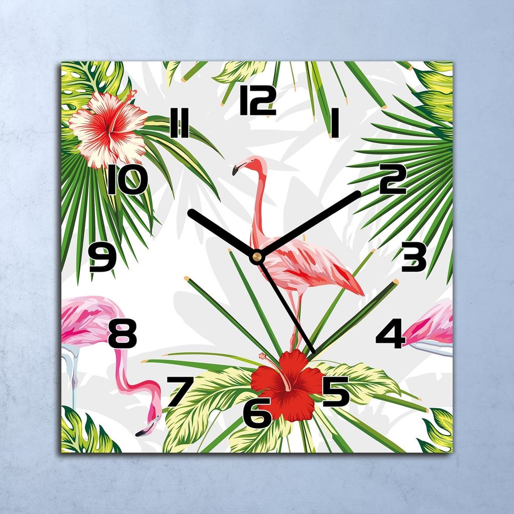 Wanduhr Echt-Glas-Küchenuhr Flamingo & Pflanzen Quarz 30x30 Produktbild 