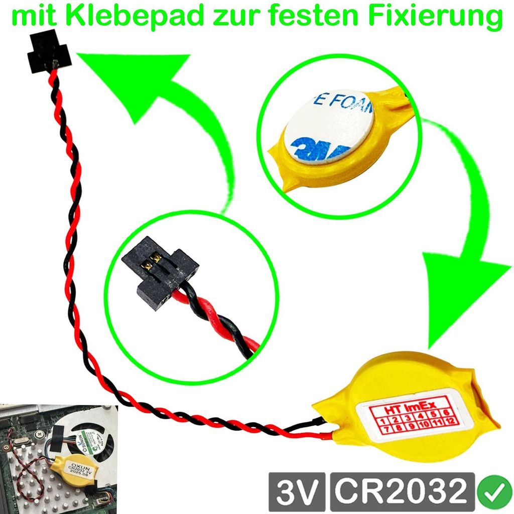 RTC CR2032 BIOS CMOS Batterie Knopfzelle Akku Battery mit Steckerkabel für HP ProBook 450 G7 8VU60EA, 450 G7 3C089ES