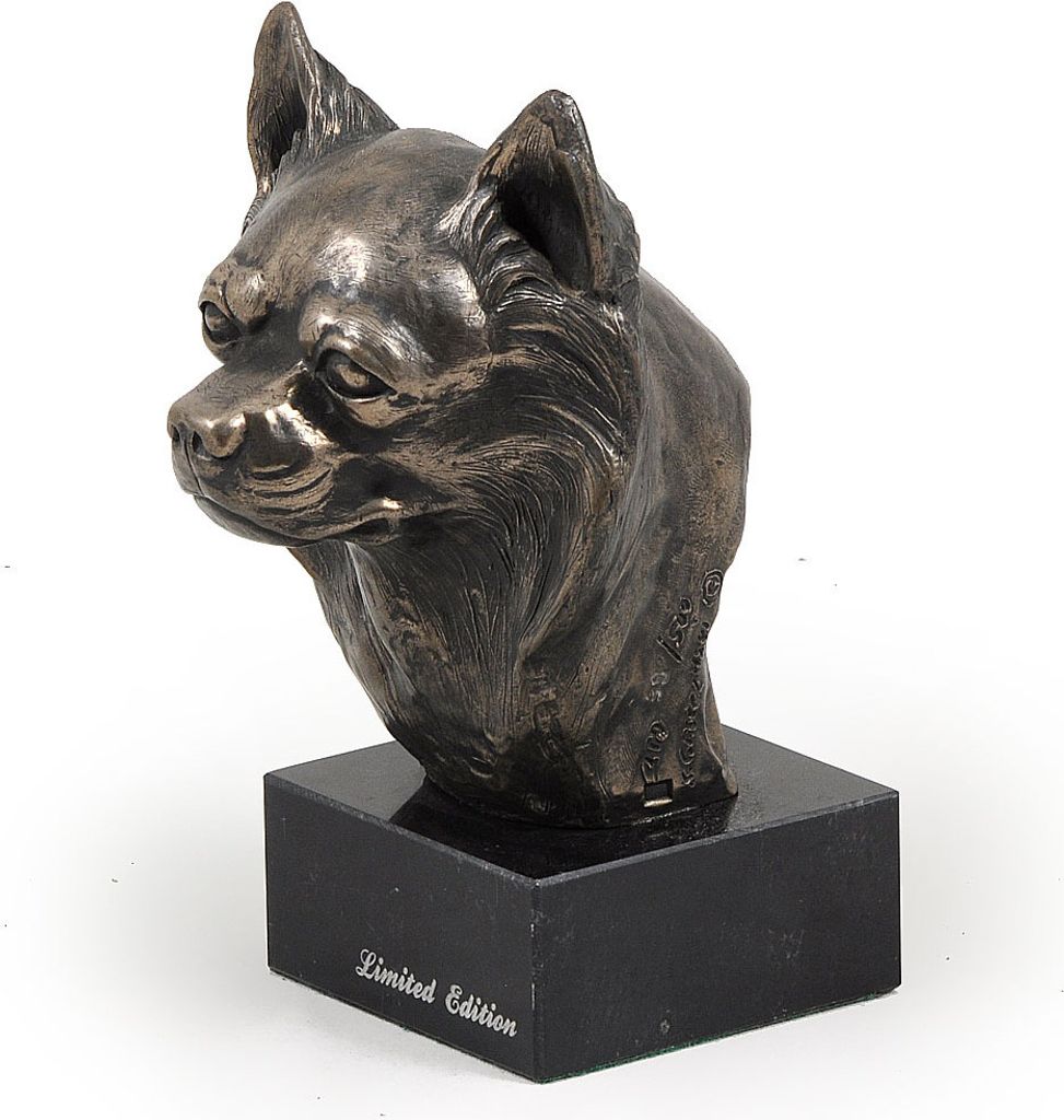 Chihuahua Langhaar - Hundestatue, Büste auf Steinsockel, Skulptur, Trophäe für Hundeausstellung der Marke Art-Dog