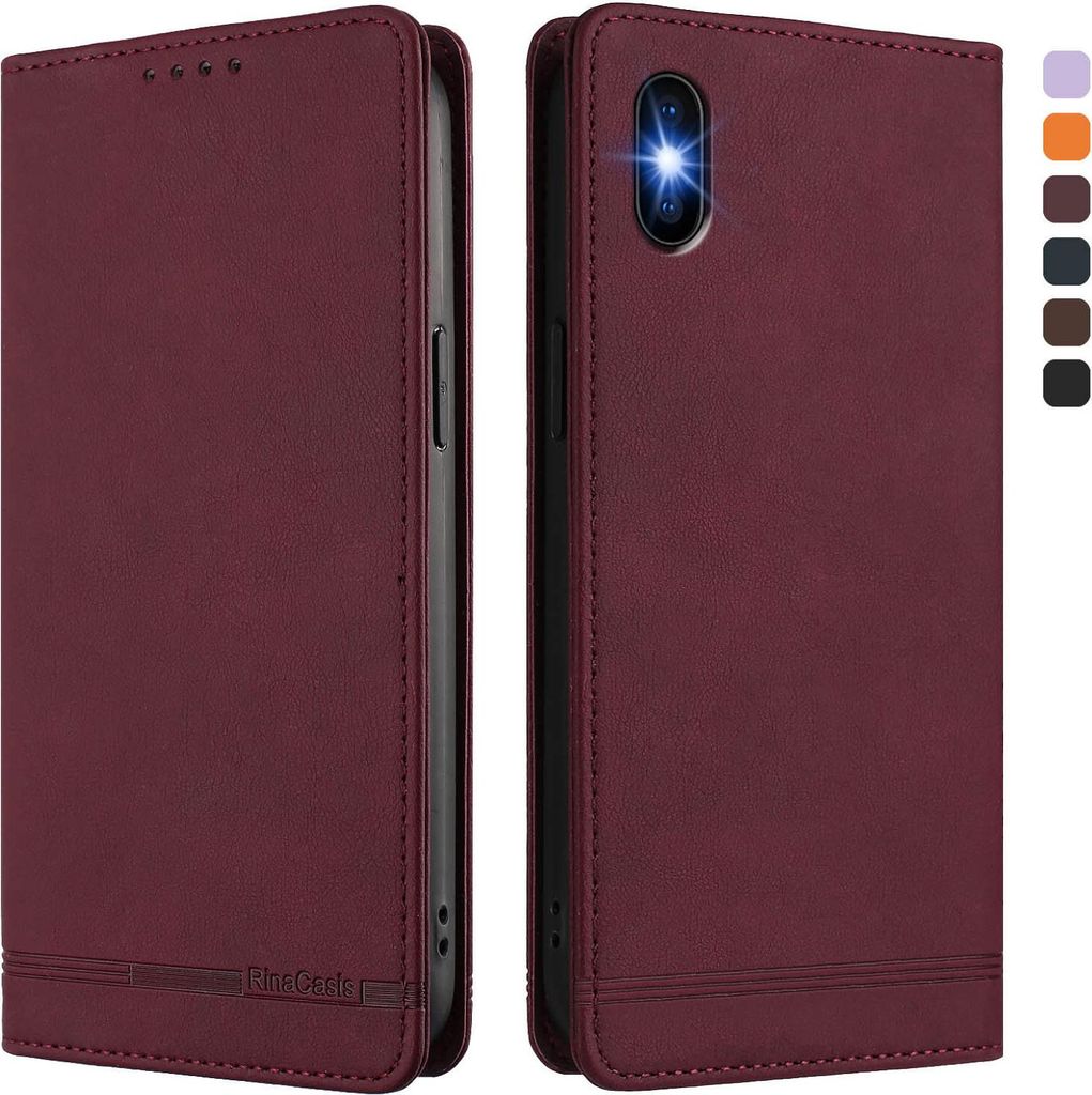 Hülle für iPhone X/iPhone XS, Retro Kunstleder Ständer Klapphülle mit Kartenfächer und Magnetische Rot