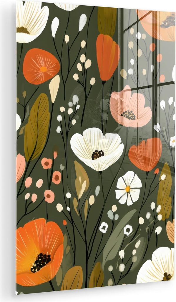 MuchoWow Glasbilder - Bilder auf Wandbild - Foto auf Glas Blumen - Illustration - Grün 20x30 cm Wanddekoration aus Glas - Acrylglasbild - Acrylbil...