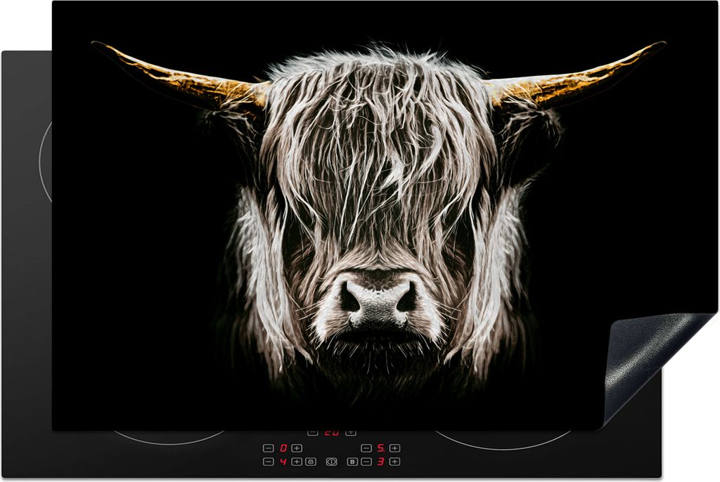 KitchenYeah Herdabdeckplatte Schottischer Highlander - Gold - Hörner - Schwarz und weiß - Kuh - Tiere , 81x52cm, Küche Deko, Glaskeramikfeld H...