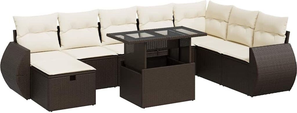 vidaXL 9-tlg. Garten-Sofagarnitur mit Kissen Braun Poly Rattan