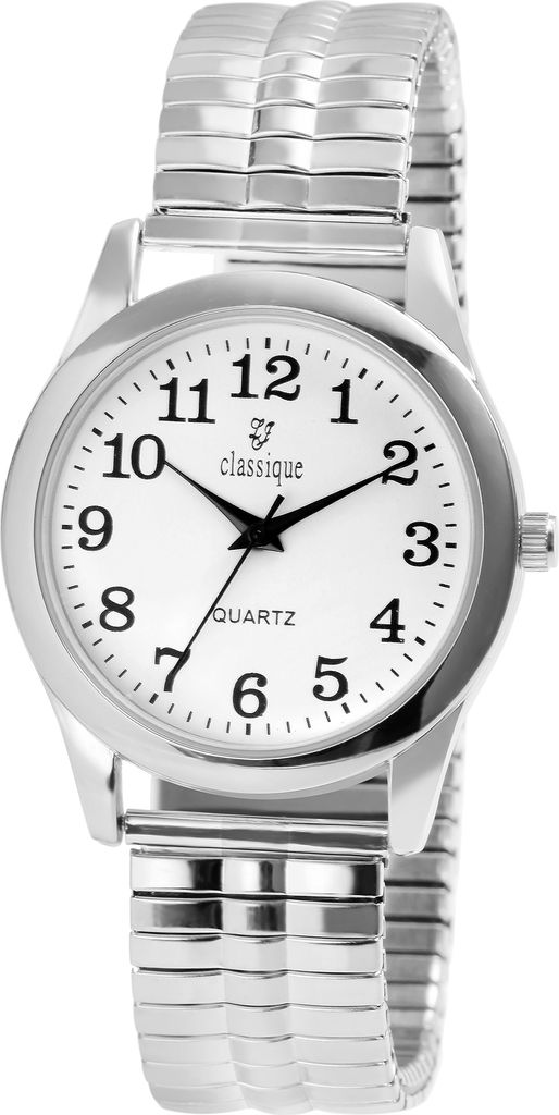 A close-up studio shot of a silver watch with a white face.