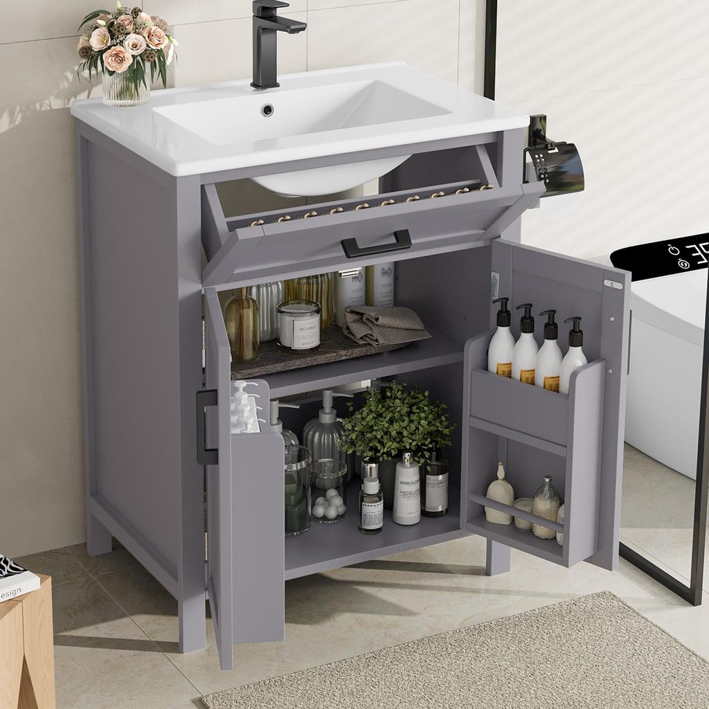 MODFU Badezimmerschrank stehend, Sideboard mit Keramikwaschbecken und Doppeltür & verstellbarer Ablage, mit Schublade, Grau