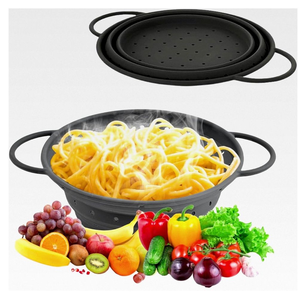 Faltbares Silikon-Sieb 28cm x 21,5cm x 1,6cm Grau für Nudeln, Gemüse und Obst