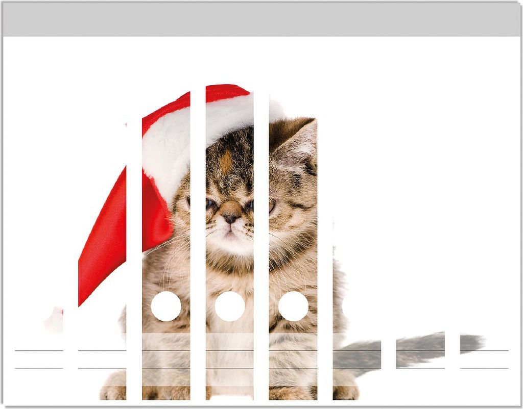 Wallario Ordnerrücken Sticker, selbstklebend für schmale Ordner, 8 Stück, Motiv Ich hasse Weihnachten - mürrische Katze mit Weihnachtsmütze