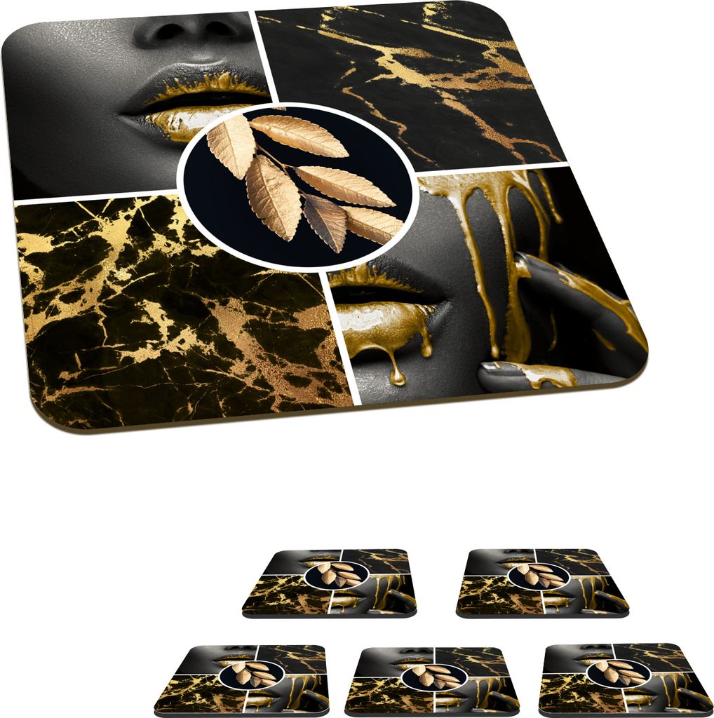 KitchenYeah Glasuntersetzer Quadratisch 6er Set Collage - Farbe - Gold - Marmor 10x10 cm Untersetzer für Gläser - Getränkeuntersetzer - Tisch...