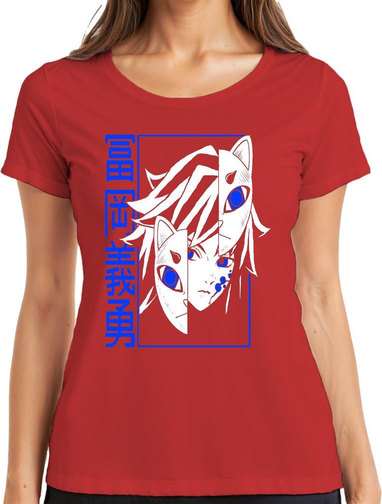 Kitsune Anime Halbgesicht Blauauge Japan Manga düster Geschenk Damen T-Shirt, Rot, XL